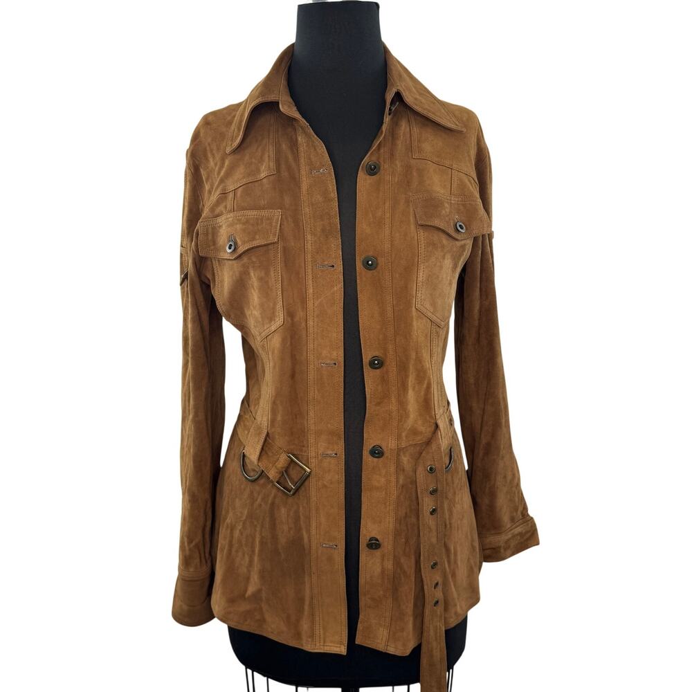 Blue Deep Tan Camel Safari Jacket Suede Belted Collared Front Button 42 ITALIAN